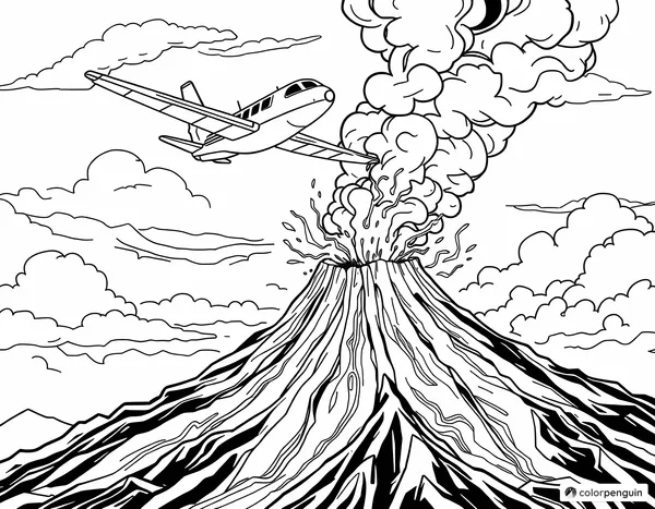 Airplane Over Erupting Volcano