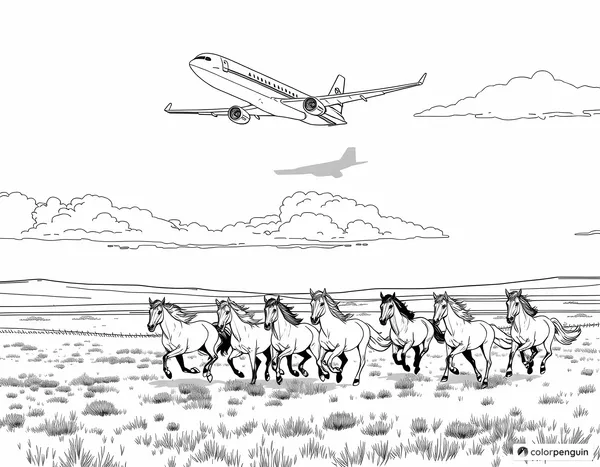 Airplane Over Galloping Wild Horses