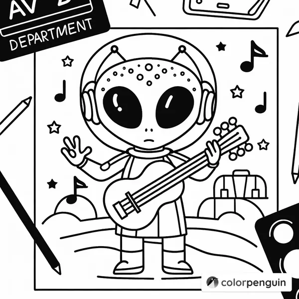 Alien Musician with AV Department Sign