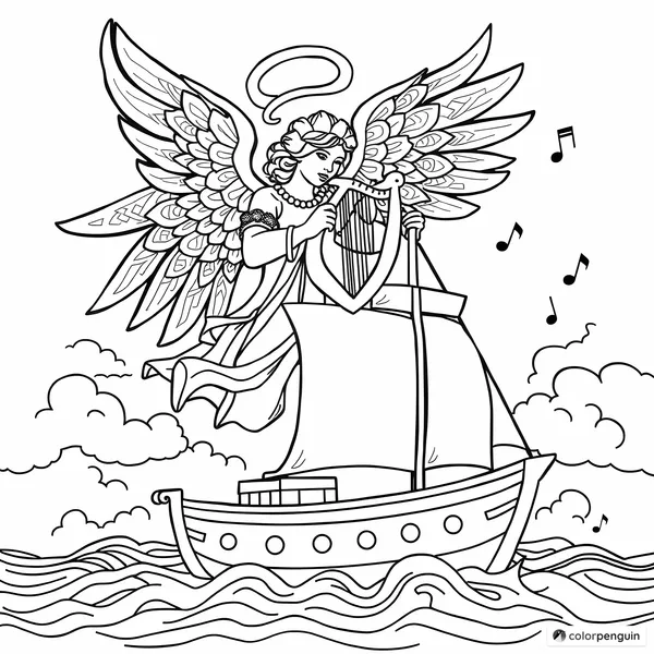 Graceful Angel with Harp Above a Sailing Boat