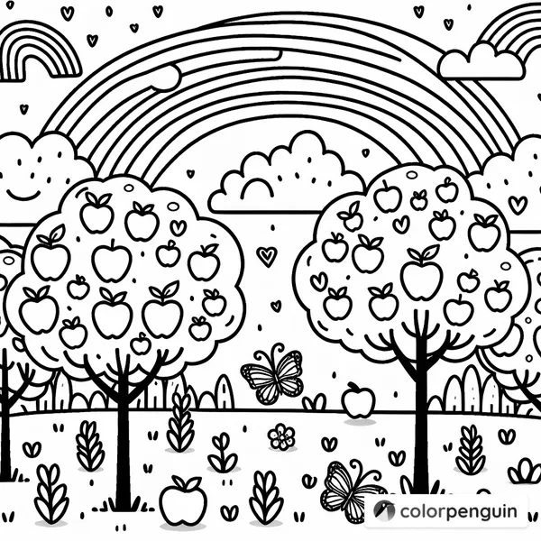 Apple Orchard with Rainbows and Butterflies