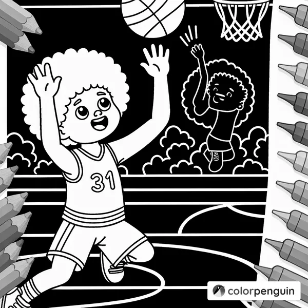 Small Boy with Afro Jumping for Basketball