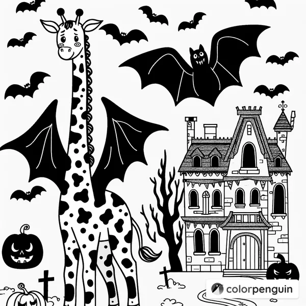 Giraffe with Bat Wings in a Spooky Village