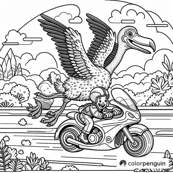 Dodo Bird on a Motorcycle with a Boy