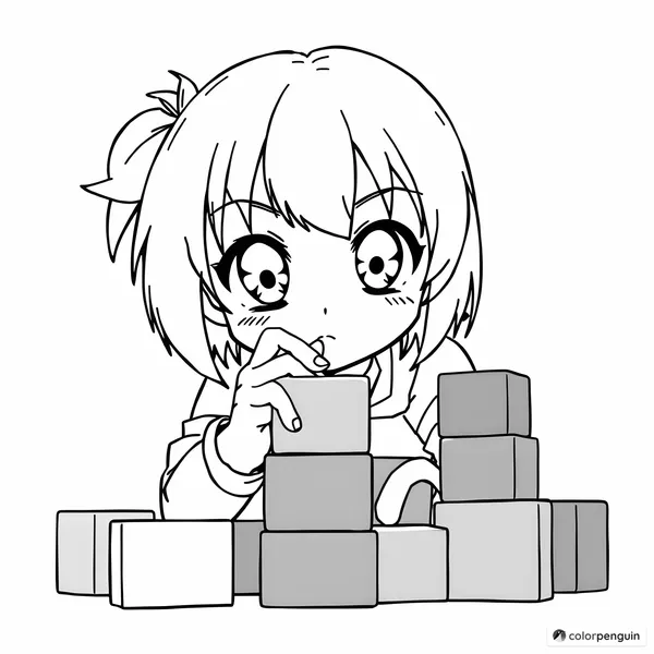 Anime Girl with Building Blocks