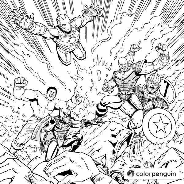 Heroic Battle of Iron Man, Black Panther, Hulk, Captain America, and Thanos