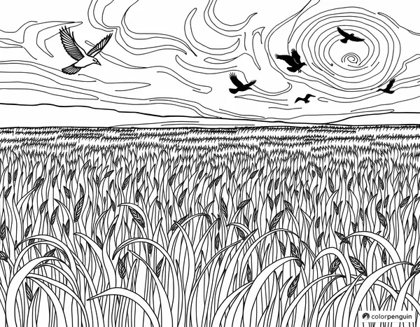 Wheatfield with Crows Coloring Page