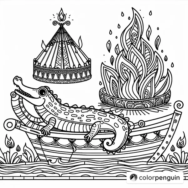 Alligator on a Boat with Fiery Background