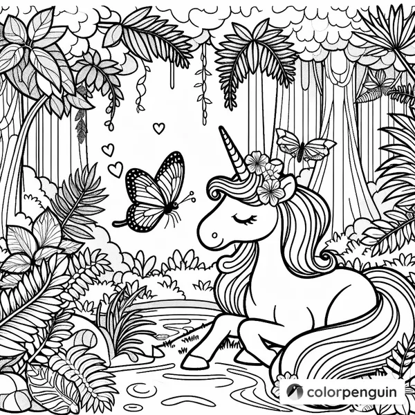 Unicorn with Butterfly in the Rainforest