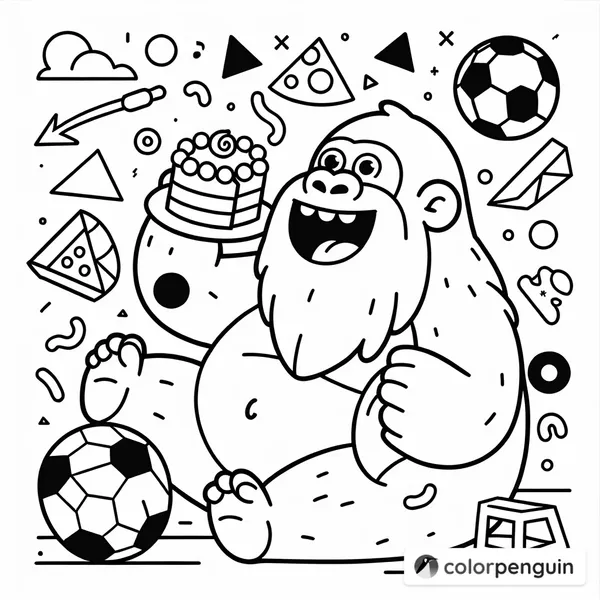 Gorilla with a Beard Enjoying Cake and Soccer