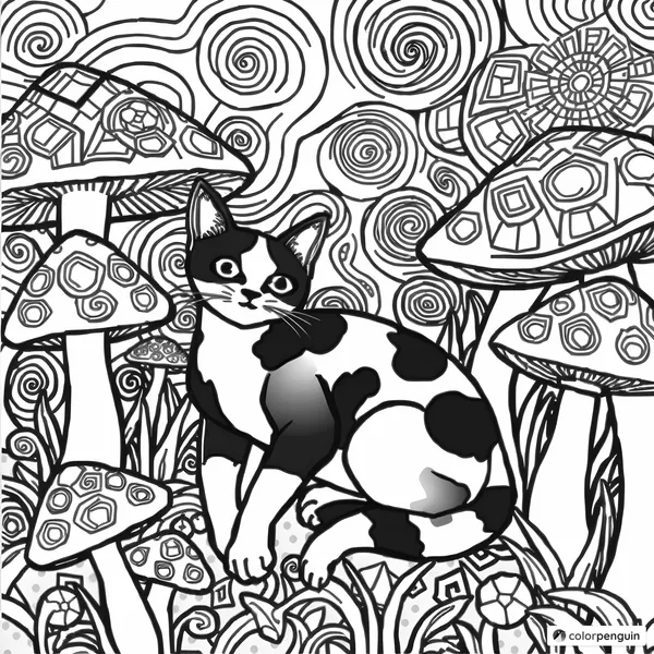 Harlequin Cat Among Giant Mushrooms