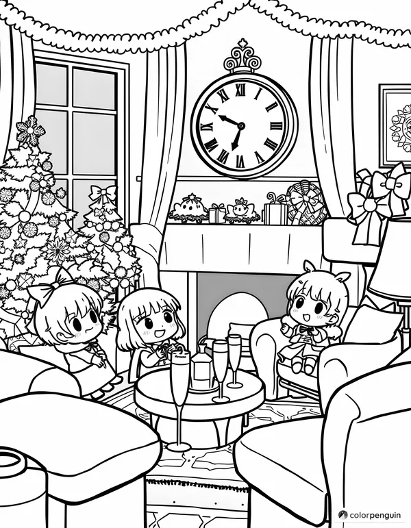 Chibi Characters in a Festive Living Room