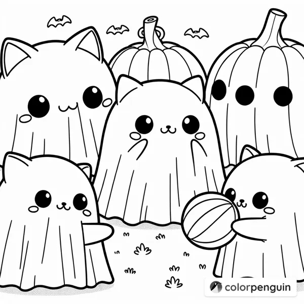 Three Chibi Ghost Cats Playing Catch