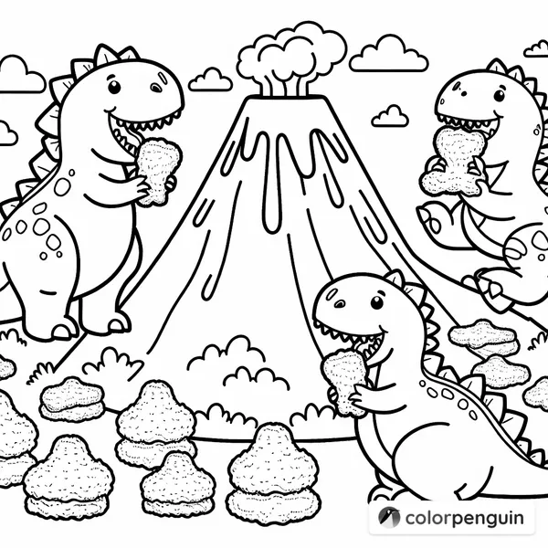 Dinosaurs Enjoying Chicken Nuggets on a Volcano