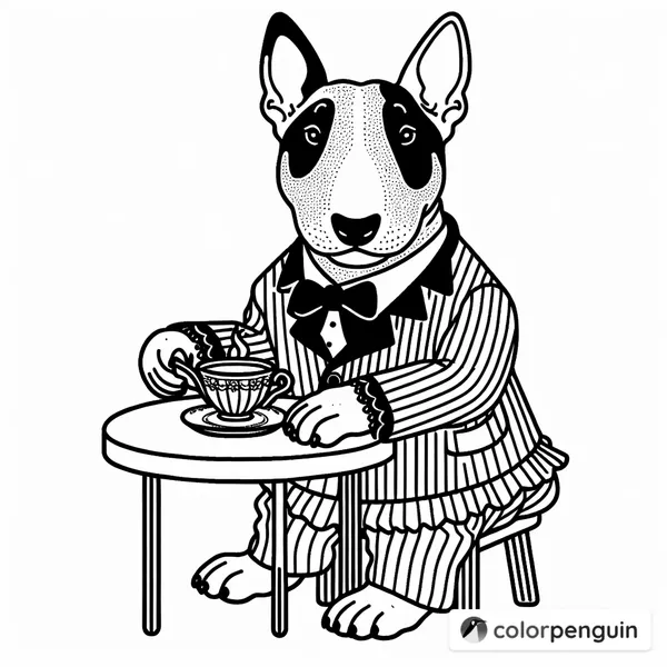 Bull Terrier in Fancy Clothes Drinking Tea