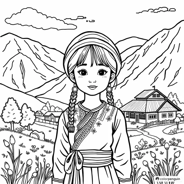 Hmong Girl in Traditional Attire in Mountain Village