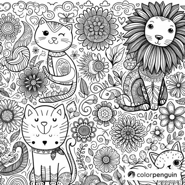 Colorful Cats and Friends in a Flower Garden