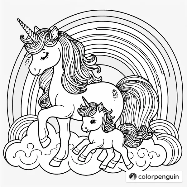 Unicorn and Baby on Rainbow Cloud