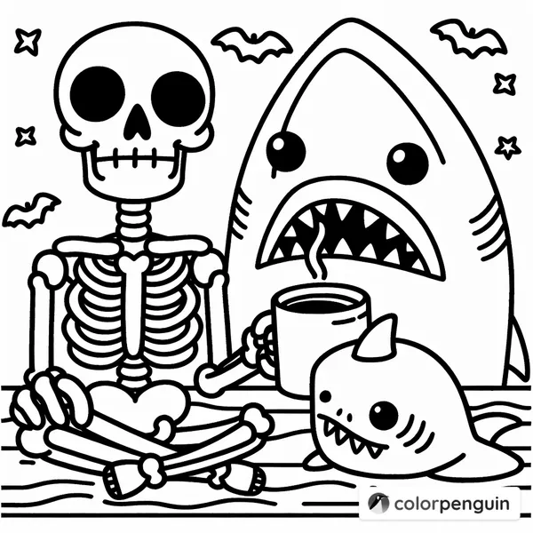 Skeleton Enjoying Coffee with a Shark