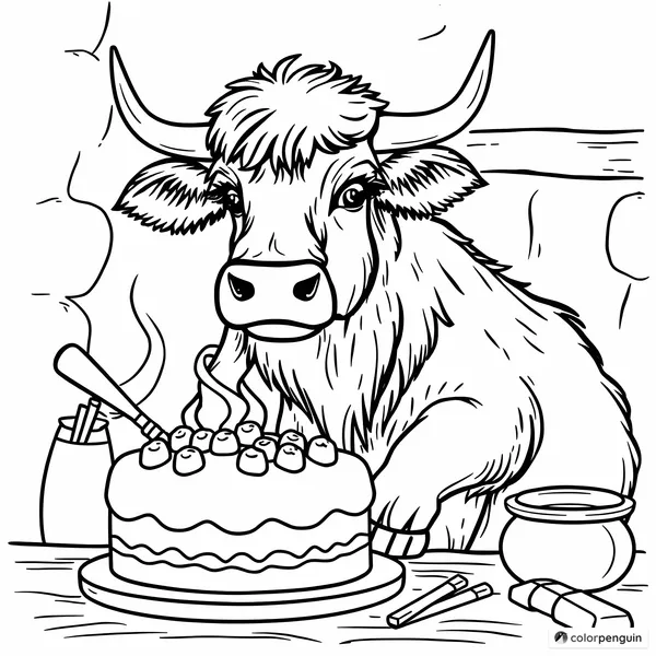 Highland Cow Baking a Big Cake