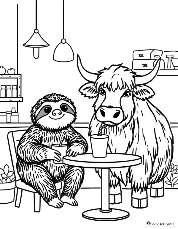 Sloth and Highland Cow at the Cafe