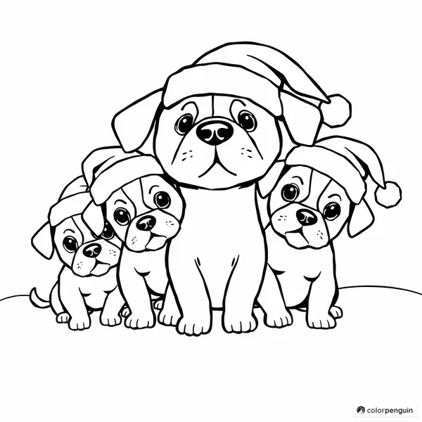 Dog with Puppies in Santa Hats