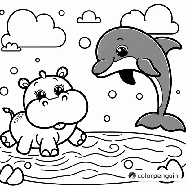 Baby Hippo and Dolphin Playful Splash