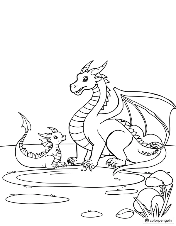 Mother Dragon and Her Baby by the Lake