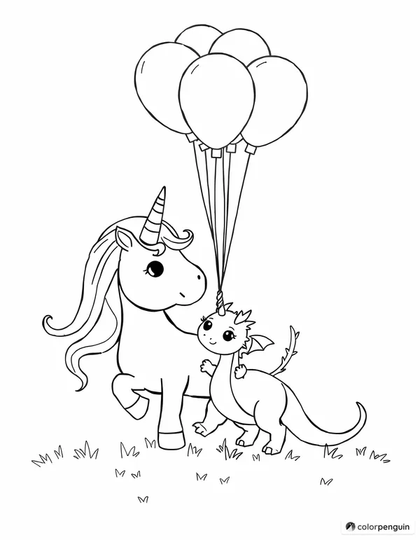 Unicorn and Baby Dragon with Colorful Balloons