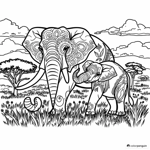 A Mother Elephant and Her Baby with Mandala Markings