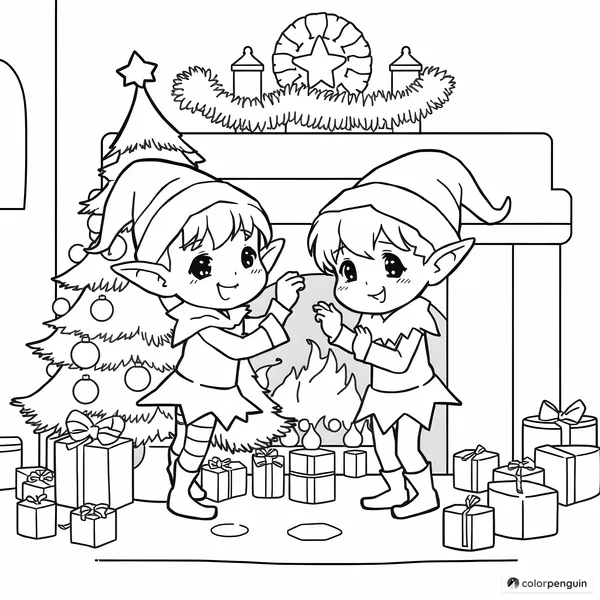 Charming Elves Decorating a Christmas Tree