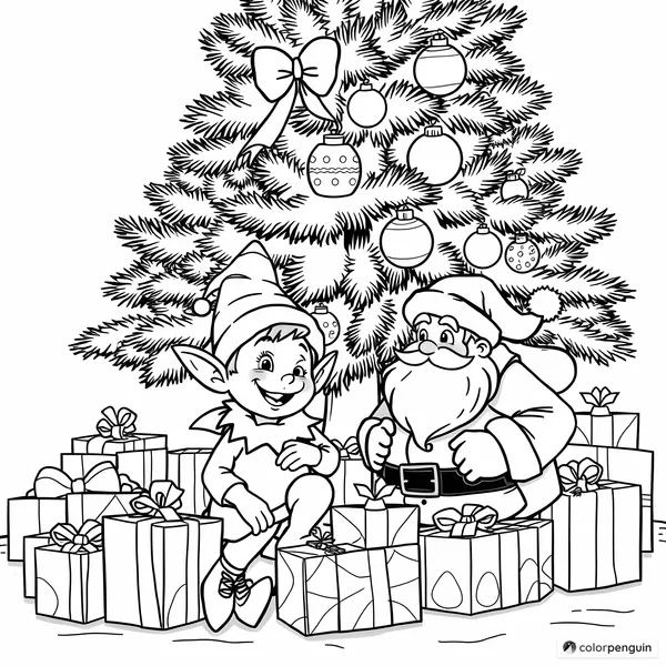 Cheerful Elf and Santa Under the Christmas Tree