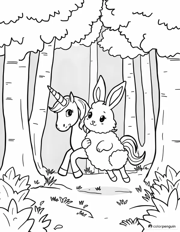 A Unicorn and a Fluffy Bunny in the Forest