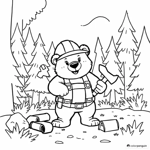 Bear with Construction Tools in the Forest