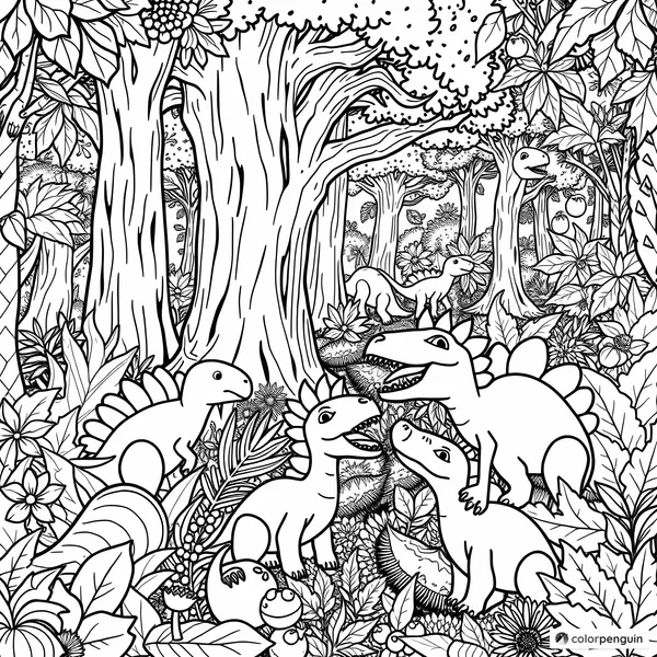 Dinosaur Gathering in a Lush Forest