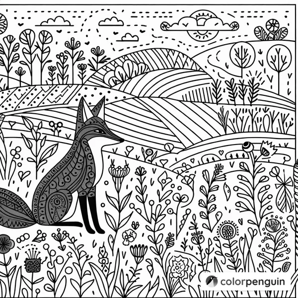 Simple Fox in a Folk Art Meadow