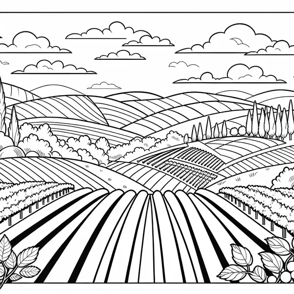 French Countryside Landscape Coloring Page