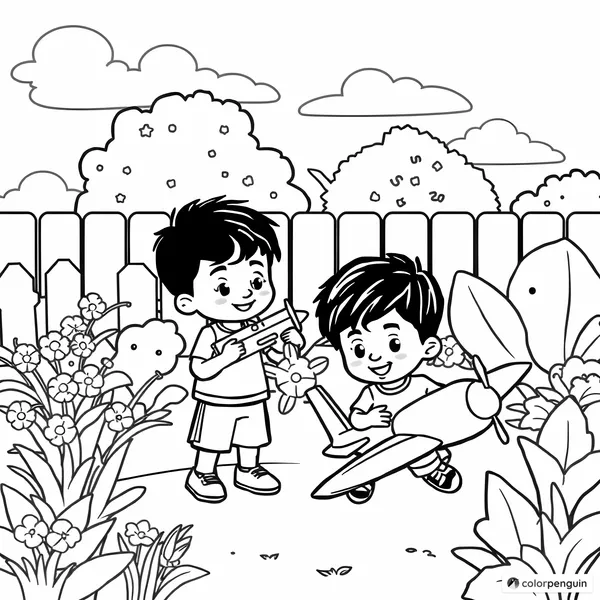 Boys Playing with Planes in the Garden