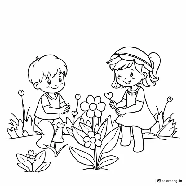 Children Planting Flowers in the Garden