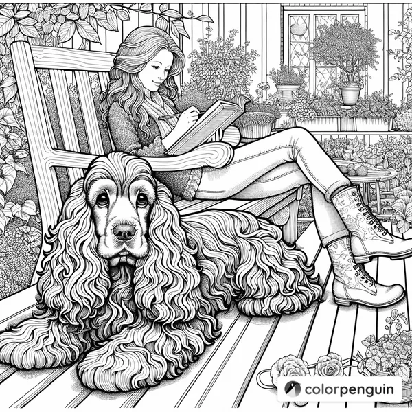 Cocker Spaniel and American Woman in the Garden