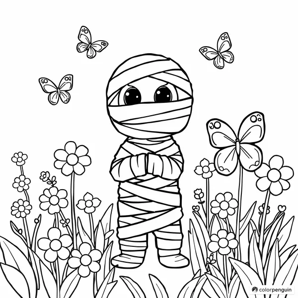 Cute Mummy in a Flower Garden with Butterflies