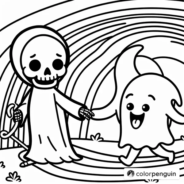 Happy Grim Reaper and Ghost on a Rainbow Path