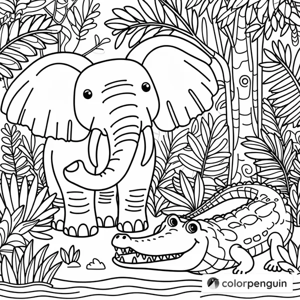 Elephant and Crocodile in the Jungle