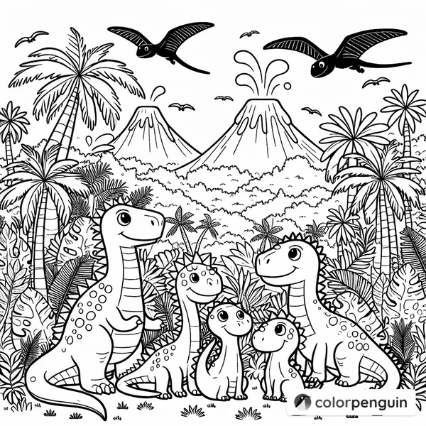 Friendly Dinosaur Family in a Prehistoric Jungle