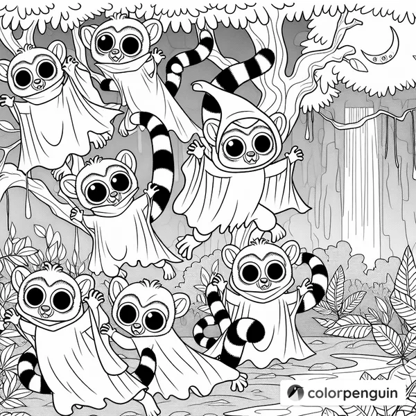 Lemurs in Ghost Costumes in a Spooky Jungle