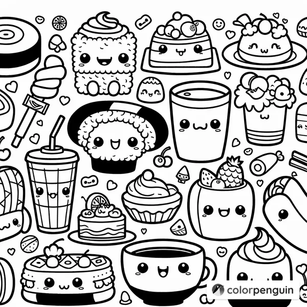 Cute Kawaii Food A4 Coloring Page