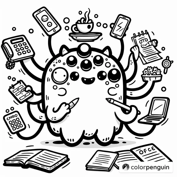 Cute Kawaii Monster Juggling Office Tasks