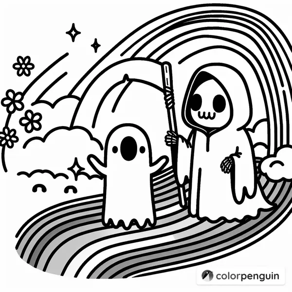 Kawaii Grim Reaper with a Ghost on a Rainbow Path