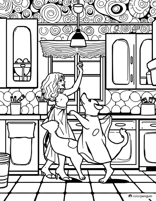 Woman And Dog Dancing In The Kitchen