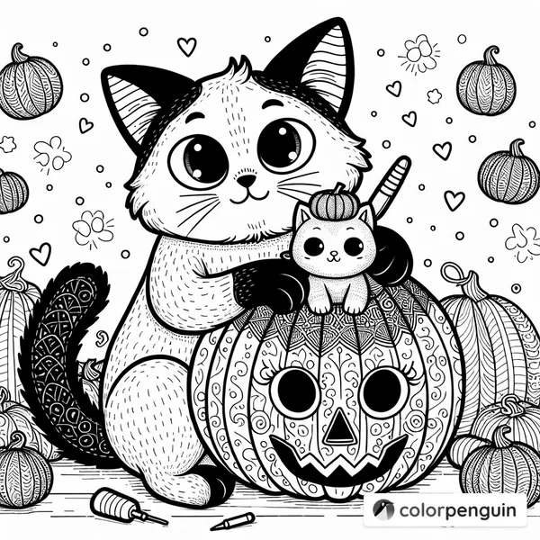 Cat Carving a Pumpkin on a Kitten's Head